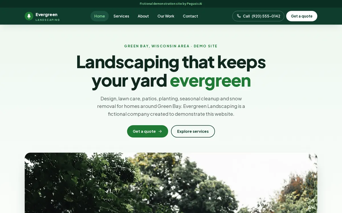 Screenshot of the fictional Evergreen Landscaping demo website for the Business Growth package, shown on a desktop screen.
